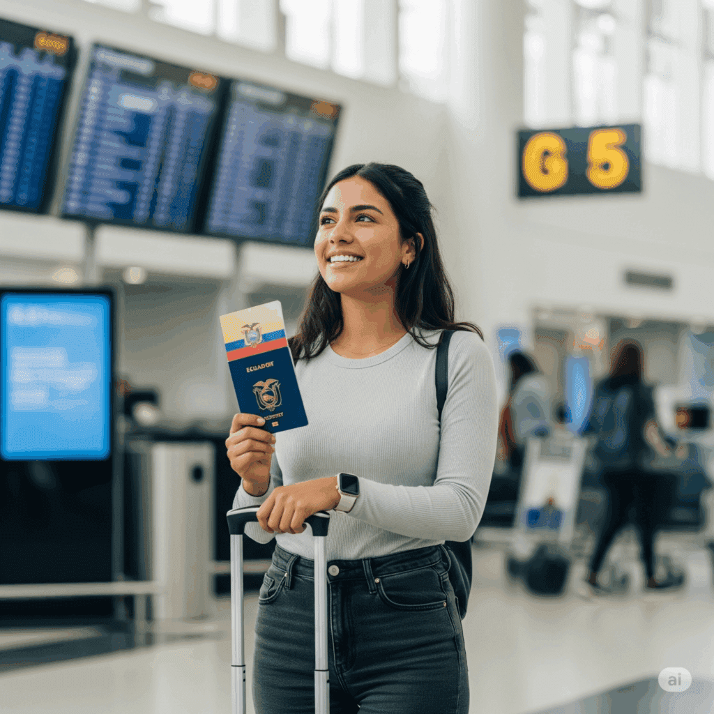 Participante de Au Pair con su pasaporte en el aeropuerto