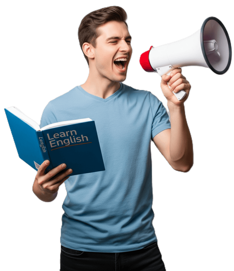 Joven con un libro de inglés y un megáfono