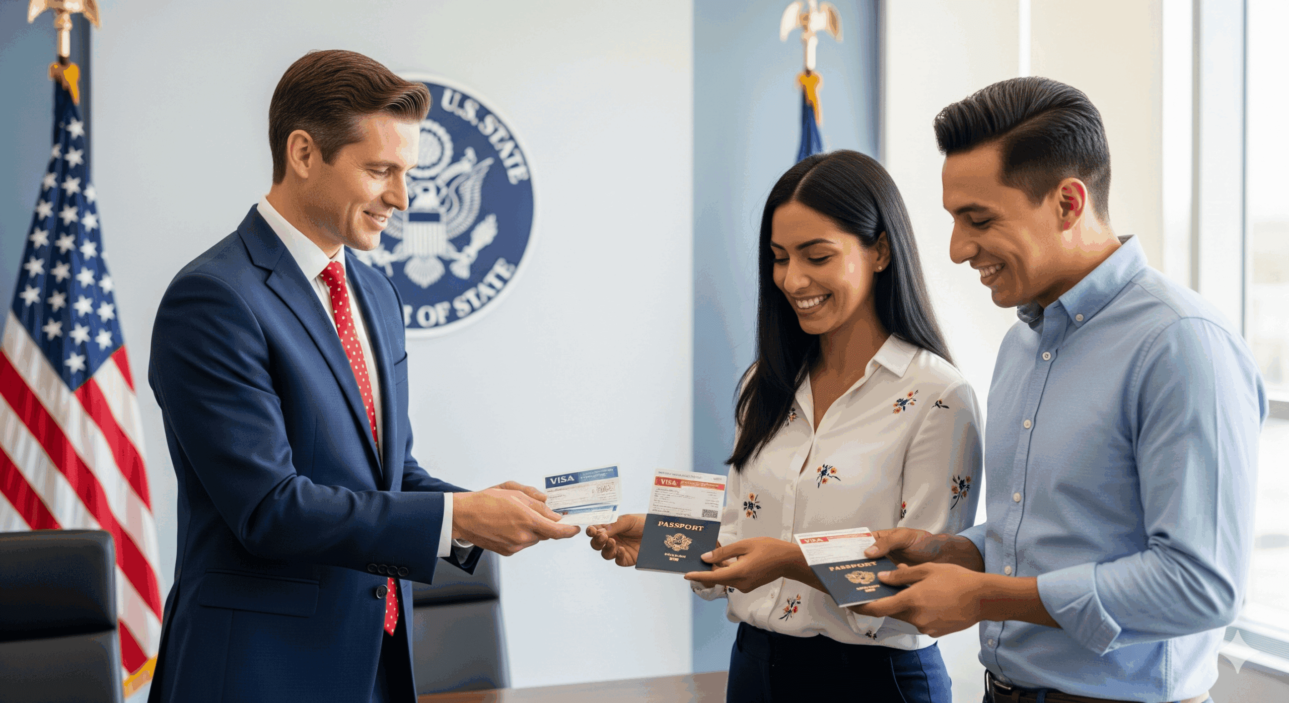 Asesor entregando documentos de visa a participantes