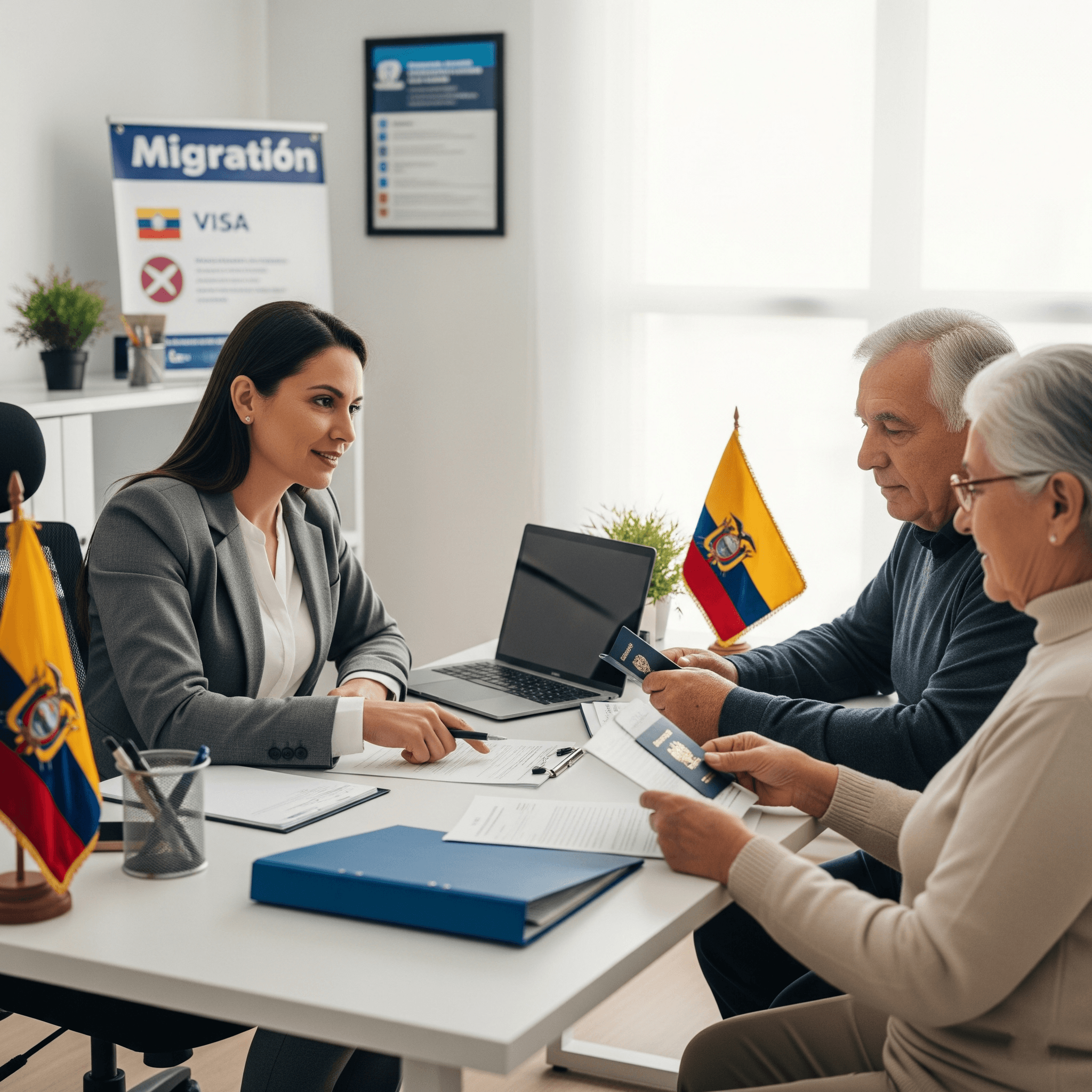 Asesora revisando documentos con una pareja durante una consulta de visa